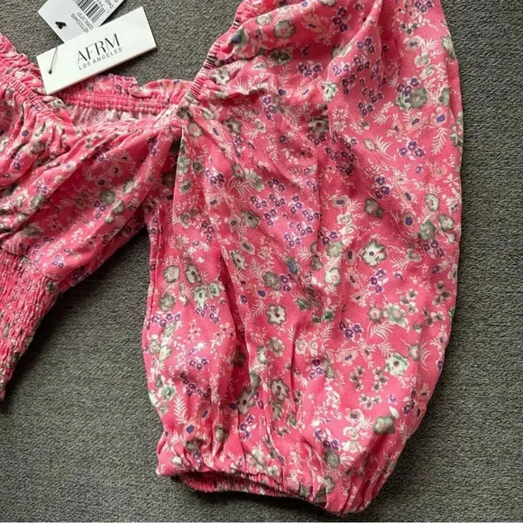 AFRM Waverly Pink Floral Puff Sleeve Smocked Crop Top Small NWT - Picture 6 of 6